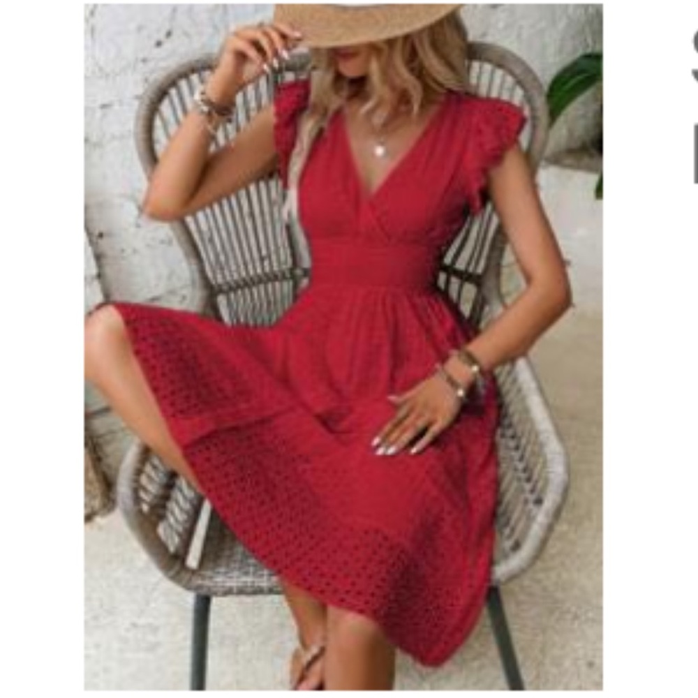 SHEIN Eyelet Ruffle Butterfly Sleeve Red Dress, Size XL